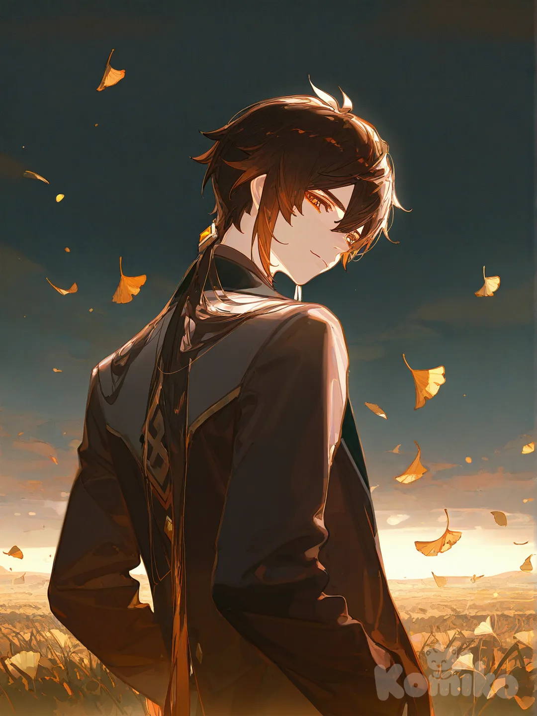 Zhongli (Genshin Impact), [dazzling-illustration-style], looking back, head tilt, hands in pockets, smirk, expressionless, frown, depressed, disappointed, headshot, portrait, full body, upper body, looking away, ambient light, backlight, cinematic lighting, field, leaves falling