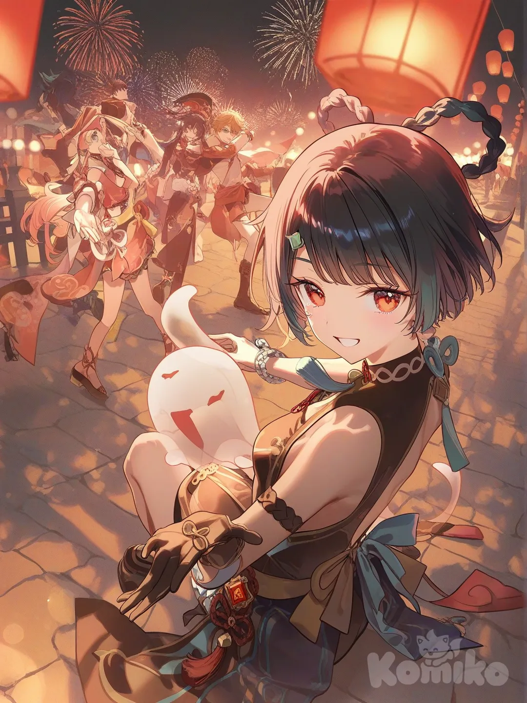 2girls, 2boys, 1boy, 1girl, 2people, @Xingqiu_(Genshin_Impact), @Xiangling_(Genshin_Impact), @Qiqi_(Genshin_Impact), @Hu_Tao_(Genshin_Impact), @Boo_Tao_(Genshin_Impact), @Azami, @Cloud_Retainer_(Genshin_Impact), @Tartaglia_(Genshin_Impact), @Xiao_(Genshin_Impact), @Xianyun_(Genshin_Impact), @Yanfei_(Genshin_Impact), @Yelan_(Genshin_Impact), @Yoimiya_(Genshin_Impact), [iridescent-style], singing, waving, dancing, looking back, sitting on the ground, pointing at viewer, head tilt, wiping tears, high five, smile, laughing, smirk, expressionless, open mouth, headshot, portrait, full body, looking at viewer, bird's-eye view, night lantern rite in liyue