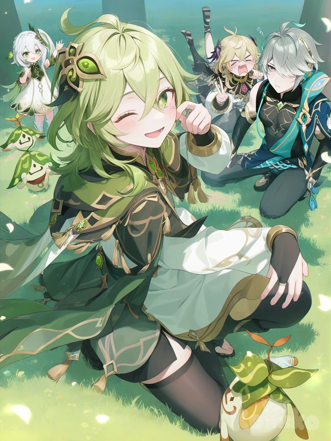 1boy, 1girl, 2people, 2boys, 2girls, @Alhaitham_(Genshin_Impact), @Aranara_(Genshin_Impact), @Cyno_(Genshin_Impact), @Collei_(Genshin_Impact), @Kaveh_(Genshin_Impact), @Lisa_(Genshin_Impact), @Nahida_(Genshin_Impact), @Paimon_(Genshin_Impact), @Wanderer_(Genshin_Impact) nahida in the middle , [soft-pastel-style], waving, singing, dancing, v sign, hands in pockets, looking back, sitting on the ground, face pinching, head tilt, wiping tears, smile, smirk, expressionless, blush, shocked, depressed, crying, frown, evil smile, angry, disappointed, open mouth, one eye closed, bird's-eye view, full body, looking away, day in sumeru 9 pepole