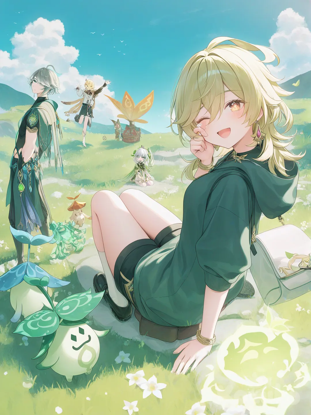 1boy, 1girl, 2people, 2boys, 2girls, @Alhaitham_(Genshin_Impact), @Aranara_(Genshin_Impact), @Cyno_(Genshin_Impact), @Collei_(Genshin_Impact), @Kaveh_(Genshin_Impact), @Lisa_(Genshin_Impact), @Nahida_(Genshin_Impact), @Paimon_(Genshin_Impact), @Wanderer_(Genshin_Impact) nahida in the middle , [soft-pastel-style], waving, singing, dancing, v sign, hands in pockets, looking back, sitting on the ground, face pinching, head tilt, wiping tears, smile, smirk, expressionless, blush, shocked, depressed, crying, frown, evil smile, angry, disappointed, open mouth, one eye closed, bird's-eye view, full body, looking away, day in sumeru