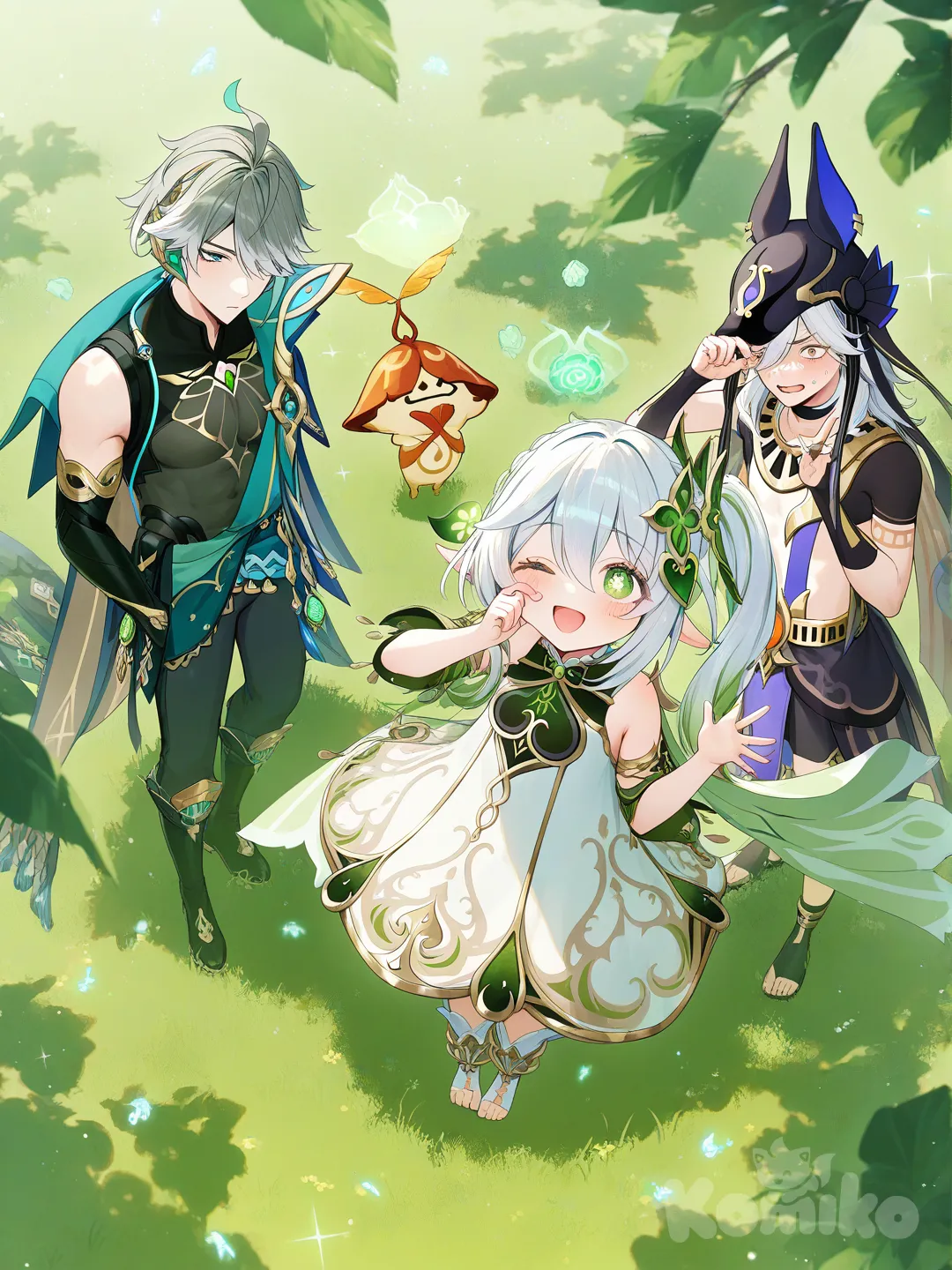 1boy, 1girl, 2people, 2boys, 2girls, @Alhaitham_(Genshin_Impact), @Aranara_(Genshin_Impact), @Cyno_(Genshin_Impact), @Collei_(Genshin_Impact), @Kaveh_(Genshin_Impact), @Lisa_(Genshin_Impact), @Nahida_(Genshin_Impact), @Paimon_(Genshin_Impact), @Wanderer_(Genshin_Impact) nahida in the middle , [soft-pastel-style], waving, singing, dancing, v sign, hands in pockets, looking back, sitting on the ground, face pinching, head tilt, wiping tears, smile, smirk, expressionless, blush, shocked, depressed, crying, frown, evil smile, angry, disappointed, open mouth, one eye closed, bird's-eye view, full body, looking away, day in sumeru