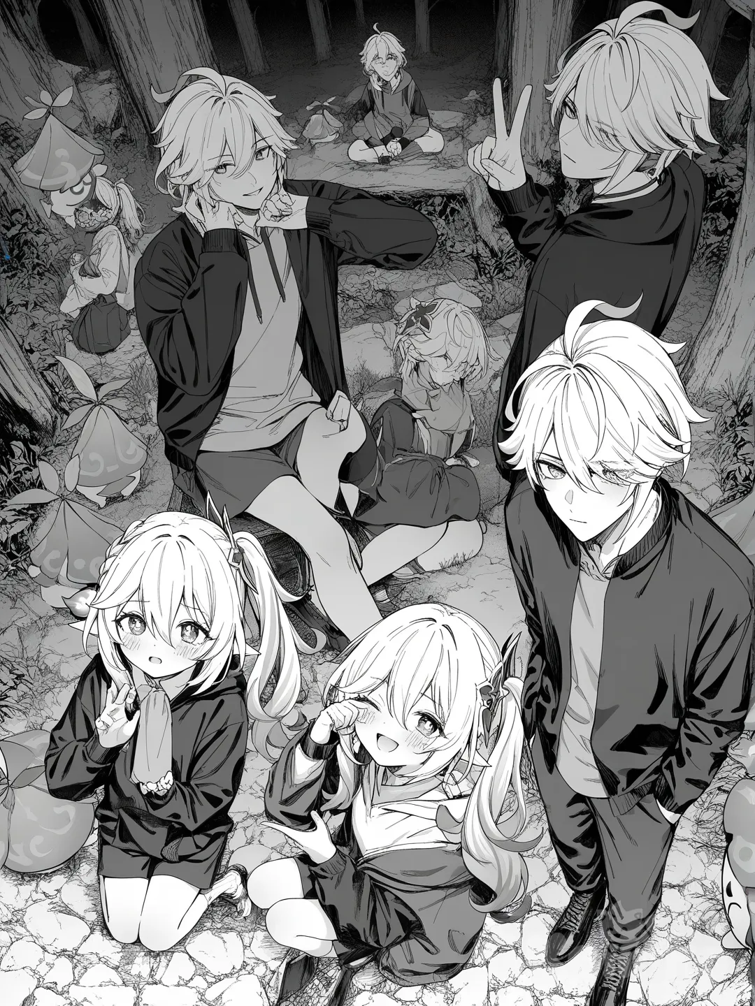 1boy, 1girl, 2people, 2boys, 2girls, @Alhaitham_(Genshin_Impact), @Aranara_(Genshin_Impact), @Cyno_(Genshin_Impact), @Collei_(Genshin_Impact), @Kaveh_(Genshin_Impact), @Lisa_(Genshin_Impact), @Nahida_(Genshin_Impact), @Paimon_(Genshin_Impact), @Wanderer_(Genshin_Impact) nahida in the middle , [soft-pastel-style], waving, singing, dancing, v sign, hands in pockets, looking back, sitting on the ground, face pinching, head tilt, wiping tears, smile, smirk, expressionless, blush, shocked, depressed, crying, frown, evil smile, angry, disappointed, open mouth, one eye closed, bird's-eye view, full body, looking away, day in sumeru 9 pepole