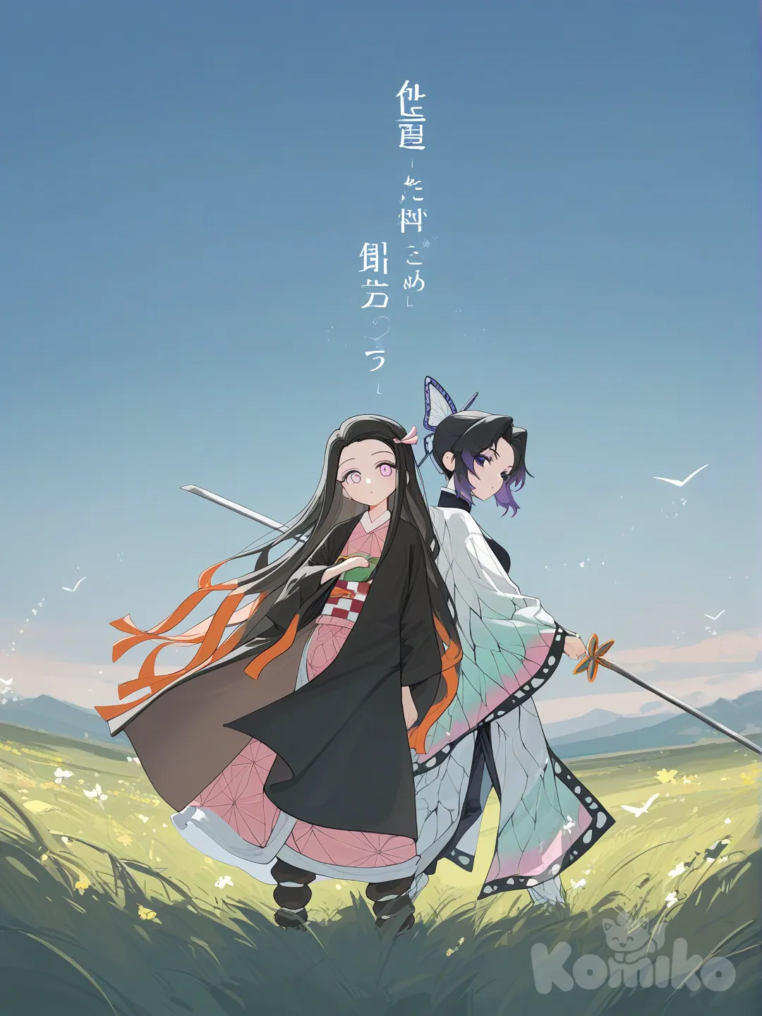 2people, 2people, 2people, 1girl, 2people, [vibrant-anime-style], looking at viewer, day, sparkle, field, @Kamado_Nezuko, holding sword, @Kochou_Shinobu