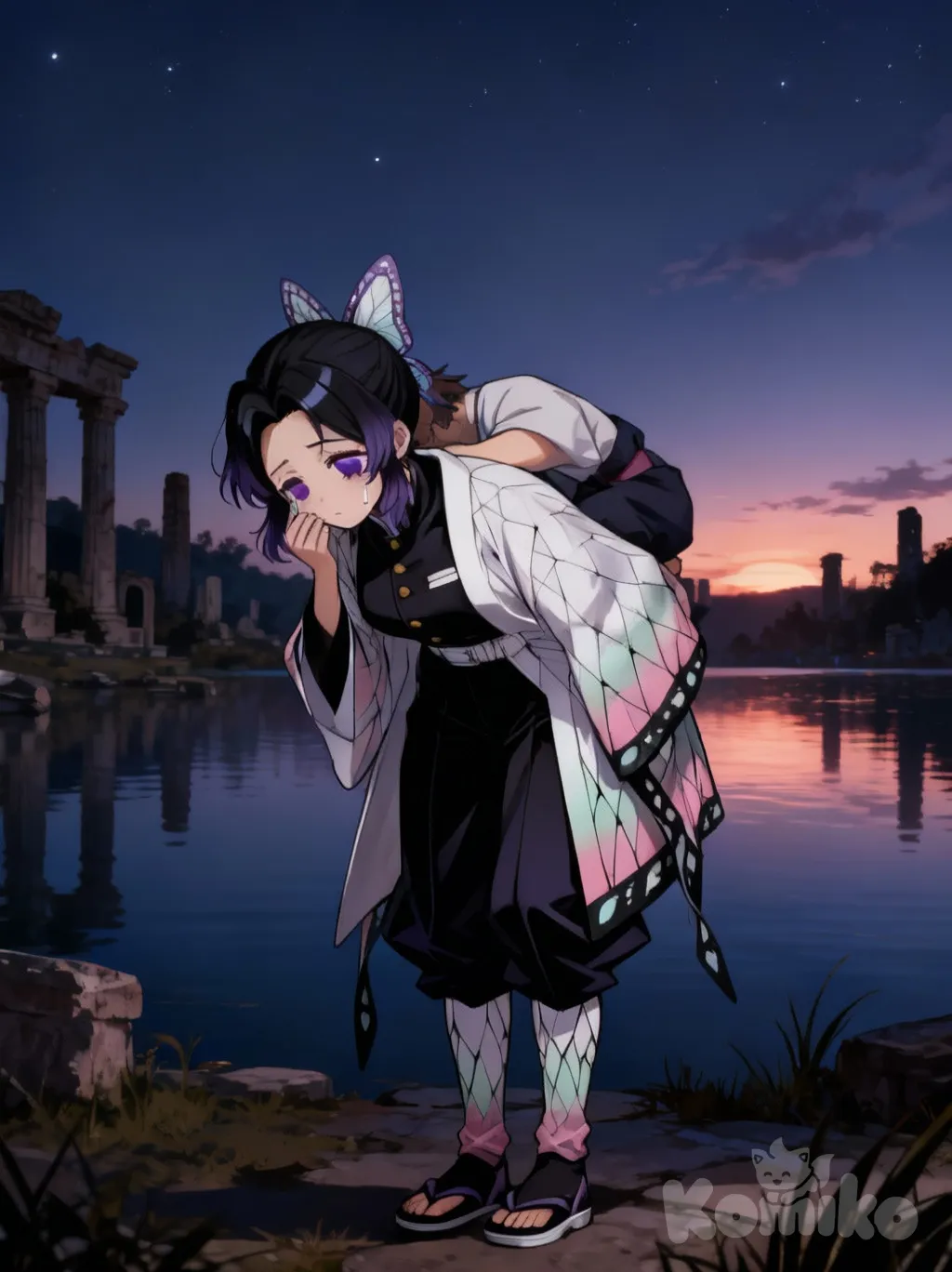 1girl, @Kochou_Shinobu, [soft-light-illustration-style], wiping tears, bent over, carrying person, crying, sad, pain, serious, full body, night, dawn, dusk, lake, ruins