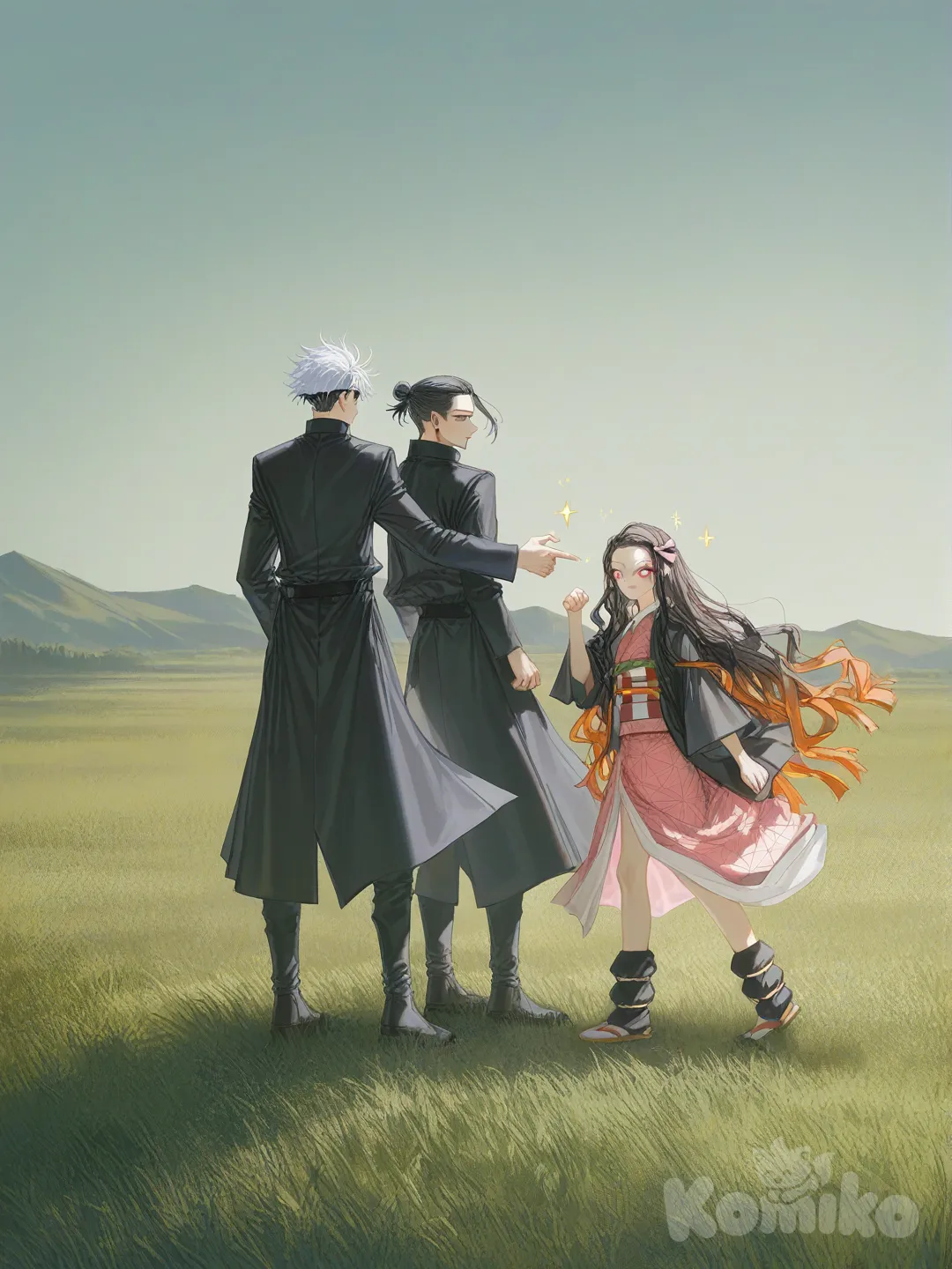 2people, 2people, 2people, 1girl, 2people, day, sparkle, field, @Kamado_Nezuko, @Gojou_Satoru, @Getou_Suguru fighting , [soft-light-illustration-style], back to back, expressionless, full body