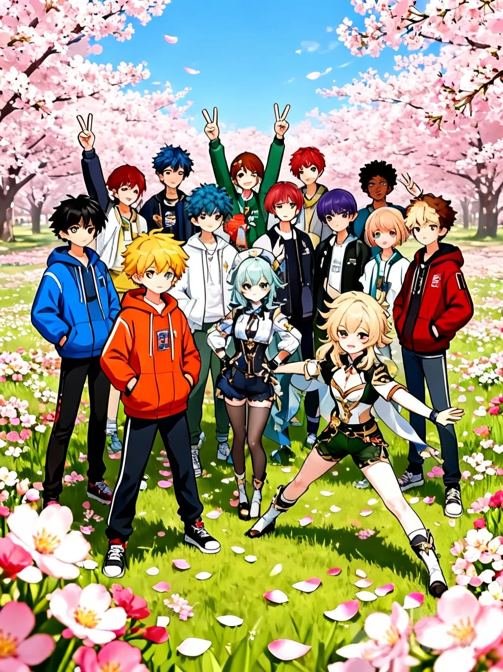 @Aether_(Genshin_Impact), @Albedo_(Genshin_Impact), @Amber_(Genshin_Impact), @Barbara_(Genshin_Impact), @Diona_(Genshin_Impact), @Diluc_(Genshin_Impact), @Dodoco_(Genshin_Impact), @Eula_(Genshin_Impact), @Jean_(Genshin_Impact), @Kaeya_(Genshin_Impact), @Lisa_(Genshin_Impact), @Klee_(Genshin_Impact), @Noelle_(Genshin_Impact), @Paimon_(Genshin_Impact), @Razor_(Genshin_Impact), @Sucrose_(Genshin_Impact), @Venti_(Genshin_Impact), [lacquered-illustration-style], hands in pockets, v sign, stretching, 2people, 1boy, 1girl, 2boys, 1boy, 1girl, 2people, 2girls, full body, day, sle, sky, flower, cherry blossoms, flower field