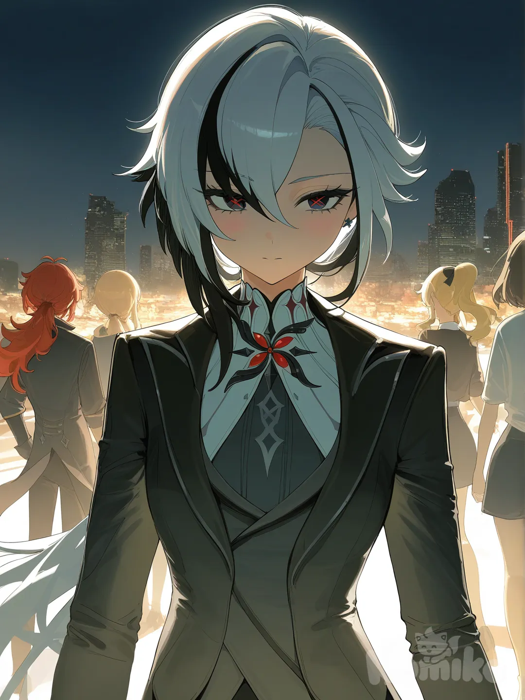 1boy, 1girl, @Diluc_(Genshin_Impact), @Jean_(Genshin_Impact), blush, @Arlecchino_(Genshin_Impact), [vibrant-anime-style], standing, front profile photo, ambient light, top light, backlight, neon lights, rim light, side light, city lights, cinematic lighting, night, day, stage light, twilight, sparkle, sunlight, dawn, shadows, moonlight, sunset, sunrise, dusk