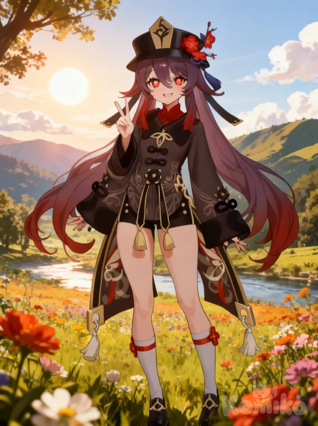 1girl, @Hu_Tao_(Genshin_Impact), [sweet-ting-style], v sign, looking at viewer, day, sle, cinematic lighting, flower, tree, mountain, river, hill, sky, sun, flower field, cloud