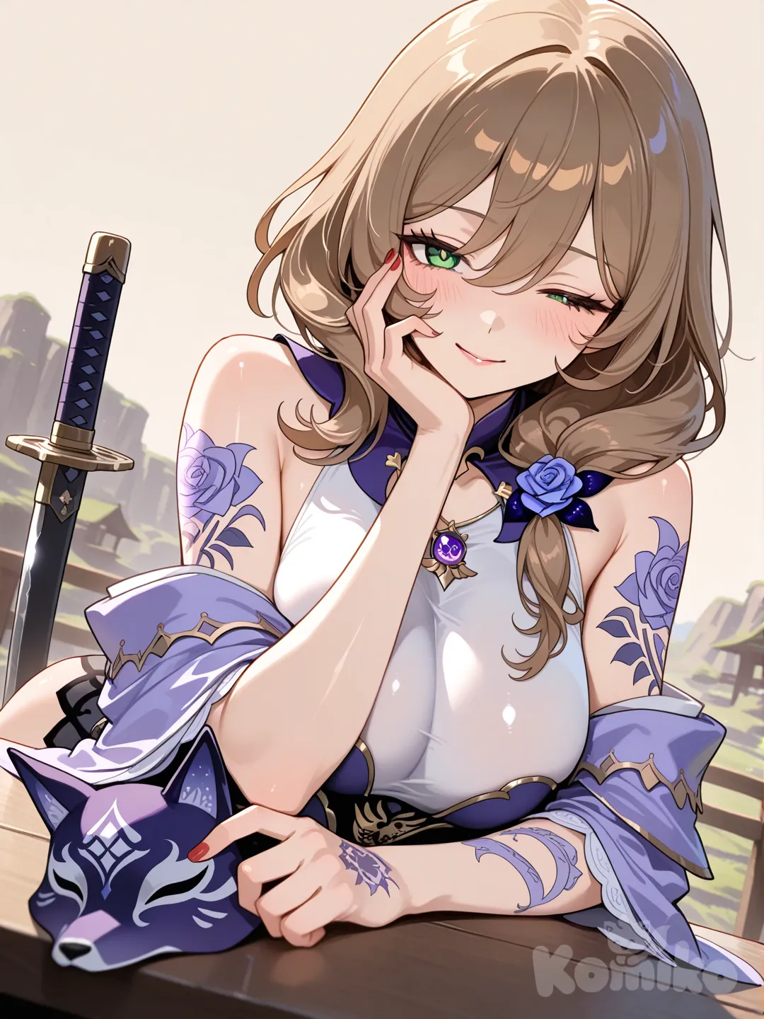 SmoothNoob_Quality, newest, very aesthetic, absurdres, (scenery:1.4), 8k, good anatomy, good shading, ultra refined details, high resolution, HD, masterwork, CRYOS2, Y0ney4m4_illu,digital art, surreal, dynamic composition. high resolution, sharp focus, 1girl, lisa (genshin impact), brown hair, green eyes, long hair, low tied hair, big breasts, big ass, rounded ass, covered ass, erotic vibe, bare shoulders, hand on own face, lips, off shoulder, blush, wolf mask, japanese clothes, fingernails, kimono, sleeveless, sitting, winking, lustful grin, looking at viewer, head rest, sword, katana, solo, holding, brown background, upper body, tattoo, weapon, jewelry, arm tattoo, shoulder tattoo, nail polish, red nails, closed mouth, holding mask, unworn wolf mask, hand tattoo, motion blur, (dutch angle:1.1), (depth of field:1.3). 4ur4_illu,shiny, D4rkL1nes