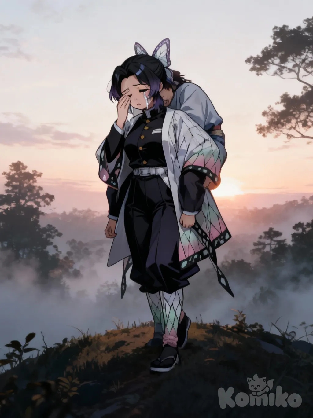 @Kochou_Shinobu, [soft-light-illustration-style], wiping tears, carrying person, crying, depressed, sad, pain, full body, sle, dawn, dusk, set, hill, tree, fog, mist