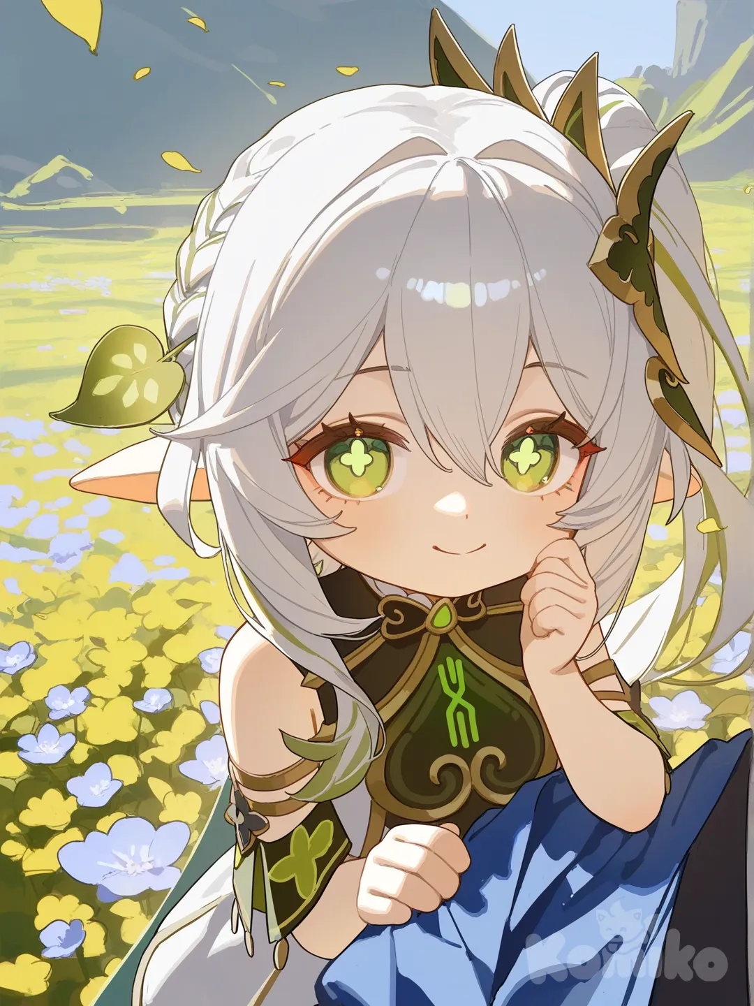 @Scaramouche_(Genshin_Impact), @Nahida_(Genshin_Impact), [lacquered-illustration-style], 2people, smirk, smile, looking at viewer, day, leaves falling, flower field