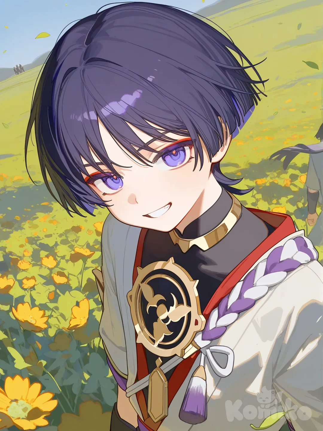 @Scaramouche_(Genshin_Impact), [lacquered-illustration-style], 2people, smirk, smile, looking at viewer, day, leaves falling, flower field