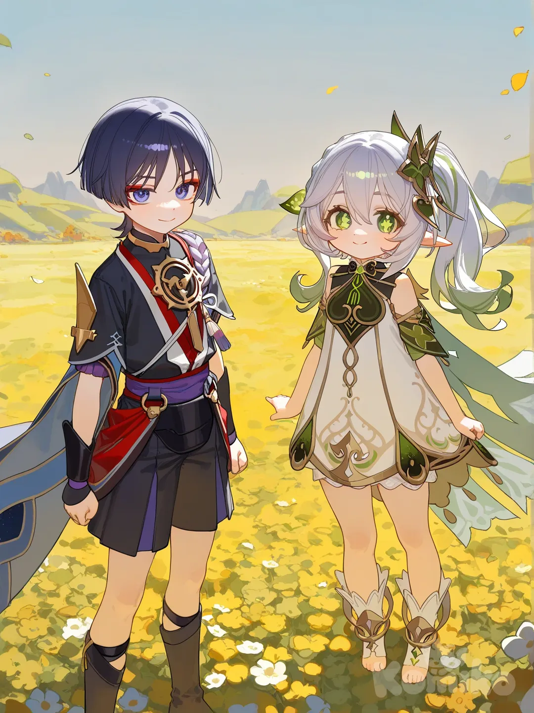 @Scaramouche_(Genshin_Impact), @Nahida_(Genshin_Impact), [lacquered-illustration-style], 2people, smirk, smile, looking at viewer, day, leaves falling, flower field