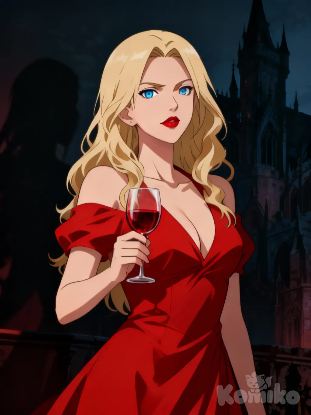 Deidara mujer, largo cabello rubio, ojos azules, vestido rojo escotado muy provocativo, labial rojo, siendo una vampira de la realeza, una copa de vino en la mano, fondo de un castillo oscuro