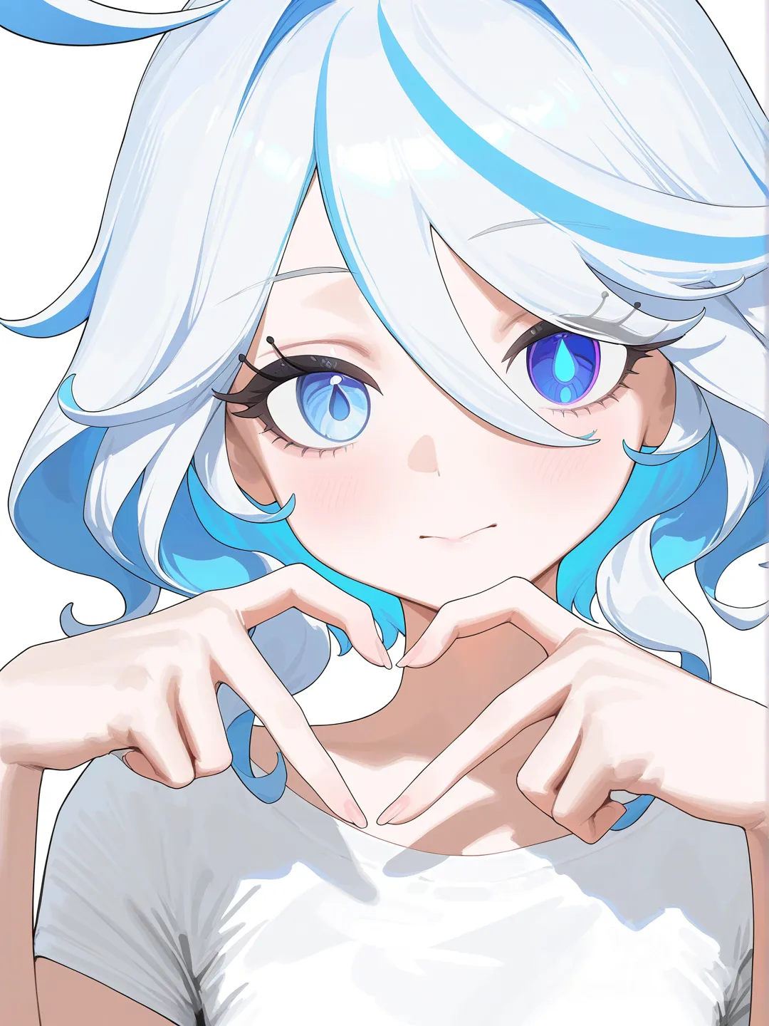 Chica desnuda, @Furina_(Genshin_Impact), [vibrant-anime-style], heart hands, henley shirt, headshot