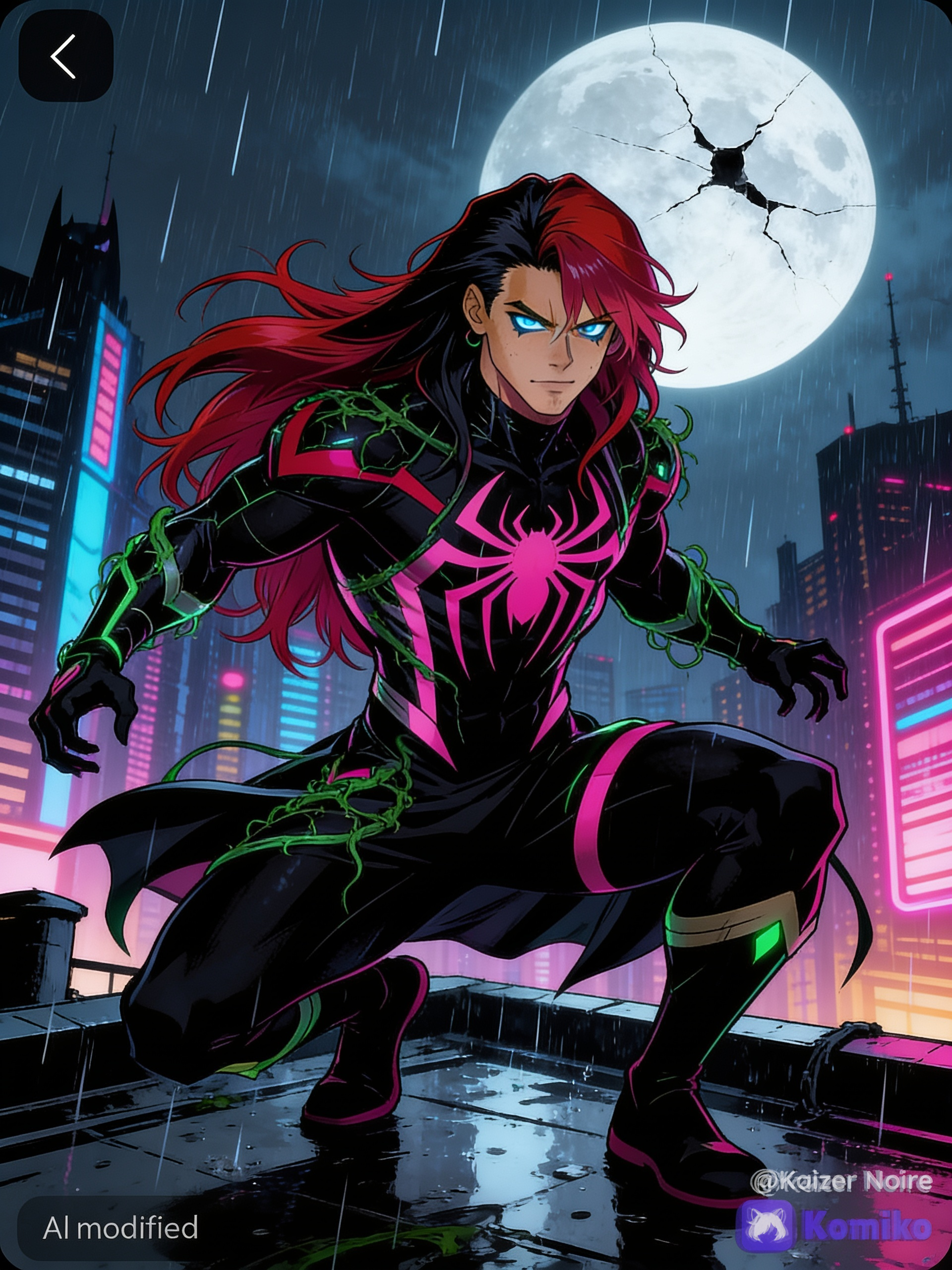 Dc/Gotham/batman style of a Spiderman vigilante wearing a black suit that has both pink and green accents the individual is a young man long flowing waist length red-black hair,icy blue eyes and sun-kissed tan skin