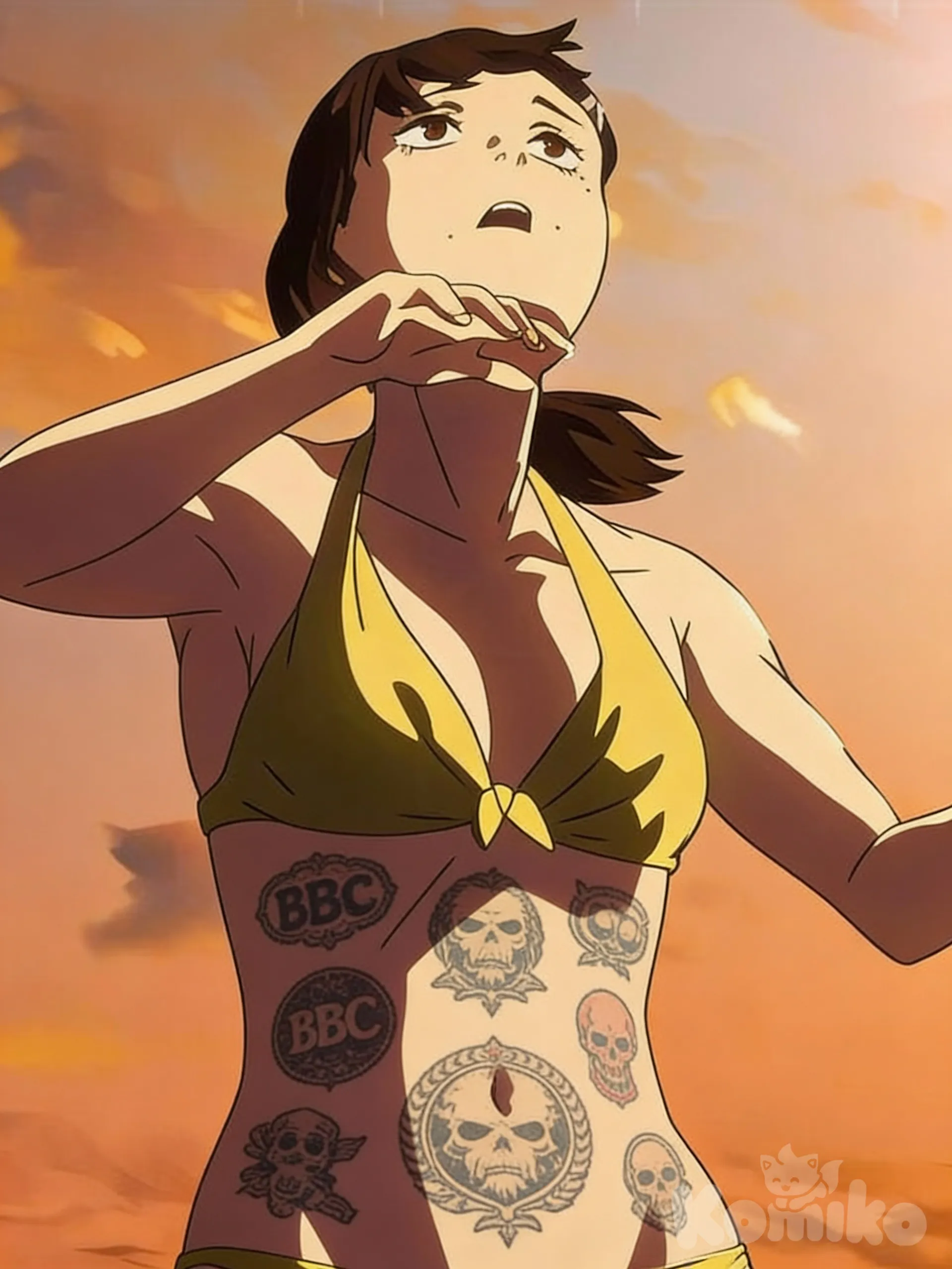 Hentai, 1000495174, @Higashiyama_Kobeni, Haz que ella tenga varios tatuajes de la BBC en sus abdominalesen sus abdominales