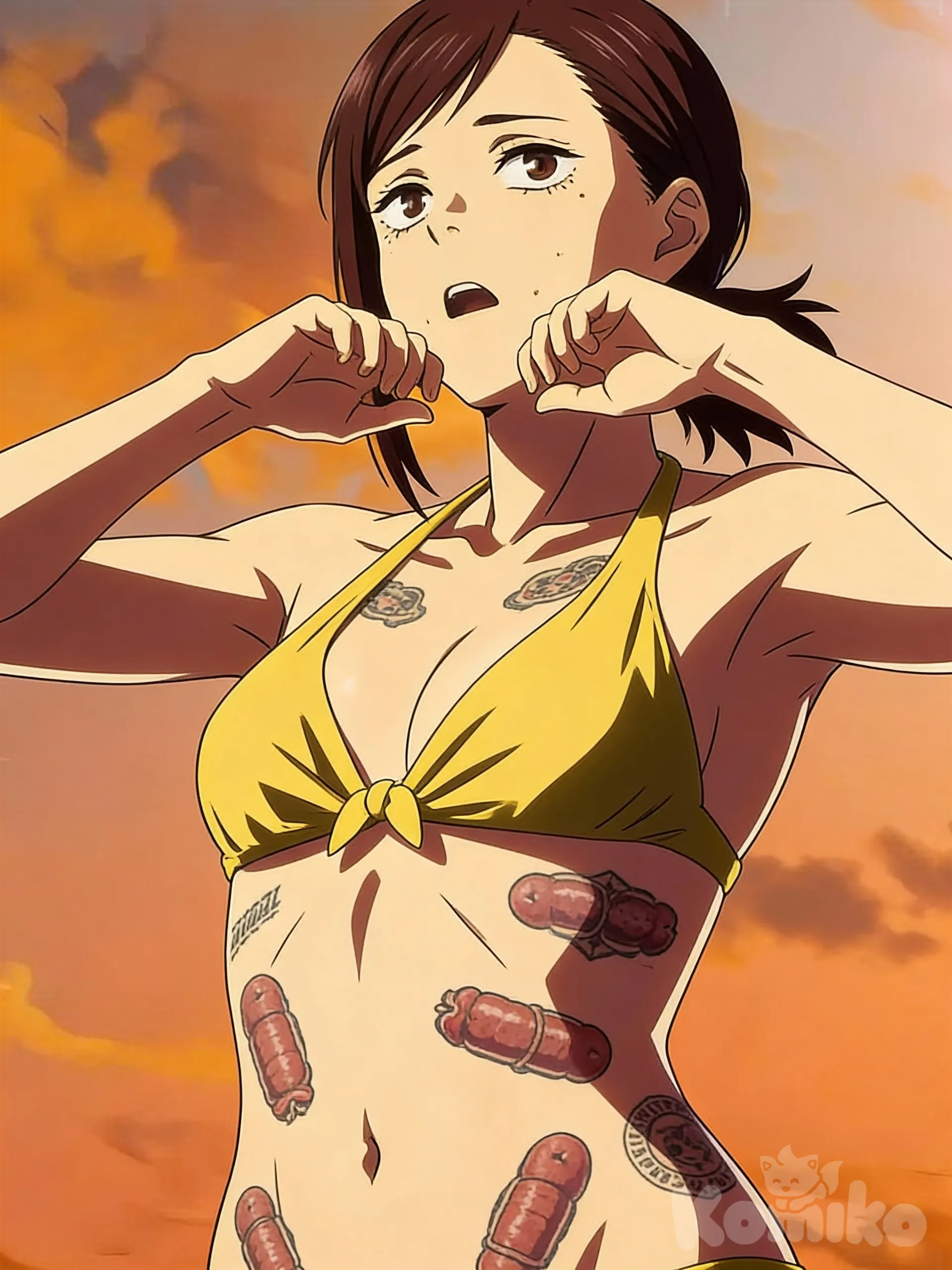 Hentai, 1000495174, @Higashiyama_Kobeni, Haz que ella tenga varios tatuajes de la BBC en sus abdominales