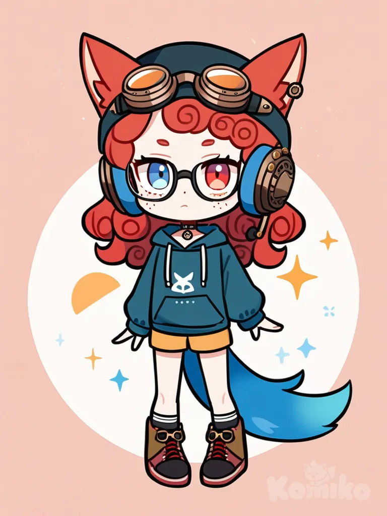 1girl, chibi, teenager, tall, short, curly hair, blue hair, red hair, red eyes, blue eyes, freckles, fair skin, fox ears, hoodie, beach shorts, knee-high socks, steampunk goggles, choker, beanie, headphones, mechanical watch, glasses, earrings, single character, full body, looking at viewer, anime style, simple background, white background