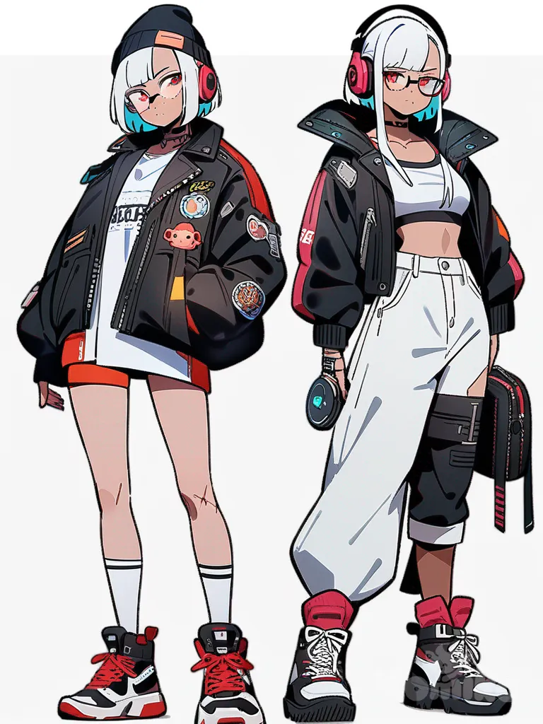 1girl, cyberpunk, teenager, silver hair, red eyes, fair skin, freckles, scar, leather jacket, wide-leg pants, glasses, beanie, digital watch, headphones, knee-high socks, single character, full body, looking at viewer, anime style, simple background, white background