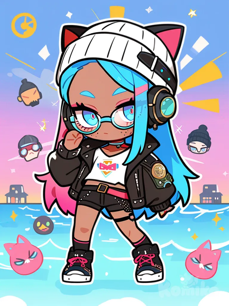 1girl, cyberpunk, chibi, teenager, tall, long hair, pink hair, red hair, blue hair, blue eyes, scar, freckles, dark skin, punk leather jacket, t-shirt, beach shorts, cat ears, headphones, beanie, choker, steampunk goggles, glasses, earrings, knee-high socks, single character, full body, looking at viewer, anime style, simple background, white background