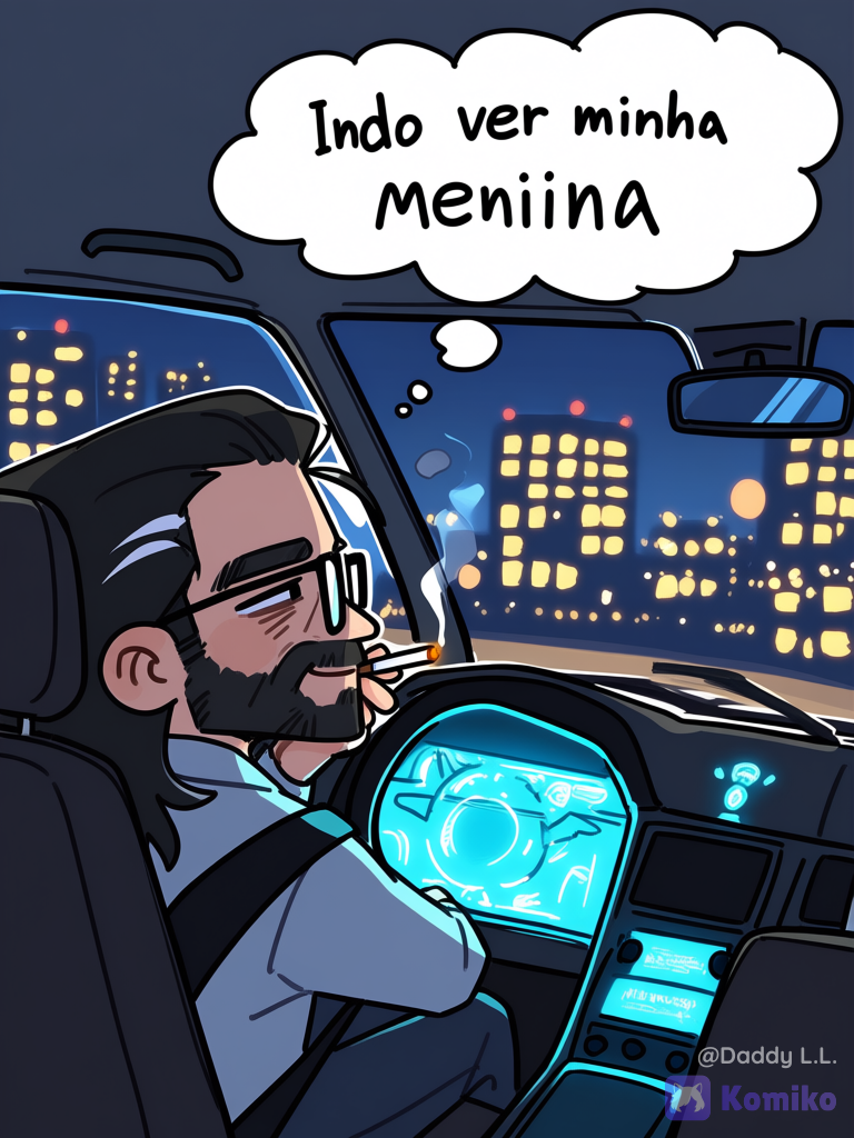 [doodle-sketch-style], 1boy, 1person, [Homem adulto de cabelos compridos escuros com mechas brancas, barba e óculos, dirigindo um carro, cigarro aceso em uma das mãos, expressão cansada mas feliz, sorriso tranquilo, finalmente deixando o trabalho para trás], [Balão de pensamento grande e claramente visível acima do homem, escrito exatamente: "Indo ver minha menina"], [Interior de um carro à noite, cidade iluminada passando pelas janelas, painel aceso, mochila e objetos de trabalho no banco ao lado, estilo chibi, atmosfera leve, divertida e acolhedora, sensação de alívio e felicidade após um longo dia]