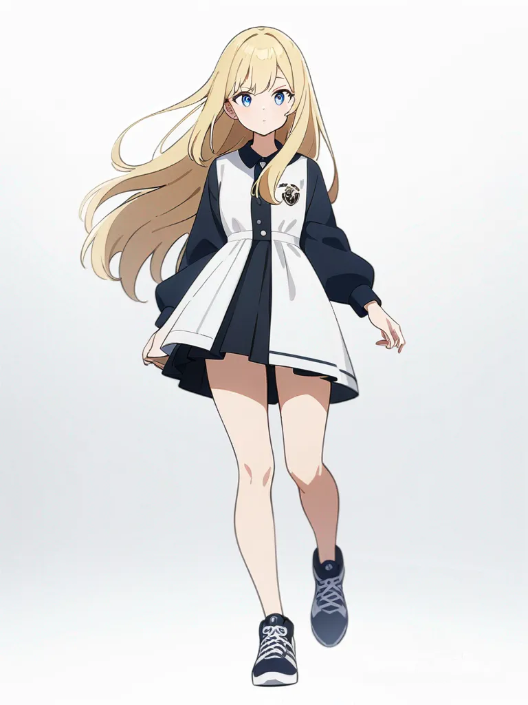 1girl, tall, skinny, blonde hair, long hair, blue eyes, single character, full body, looking at viewer, anime style, simple background, white background