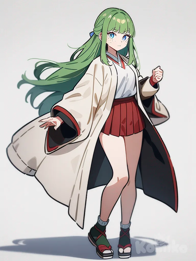 1girl, tall, skinny, pink and green hair, long hair, blue eyes, high school, teenager, Demon Slayer style, original character in the world of Demon Slayer, freckles, single character, full body, looking at viewer, anime style, simple background, white background