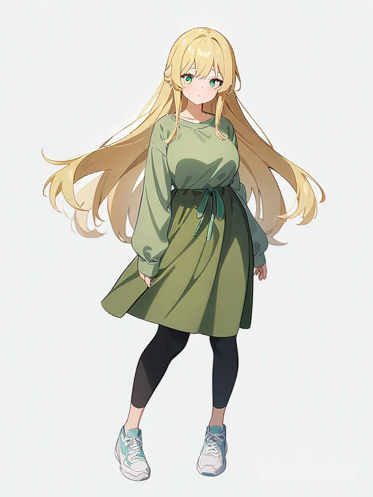 1girl, blonde hair, very long hair, green eyes, slim, teenager, baggy green shirt, very short, light blue shoes, very light green flowers, big breasts, single character, full body, looking at viewer, anime style, simple background, white background
