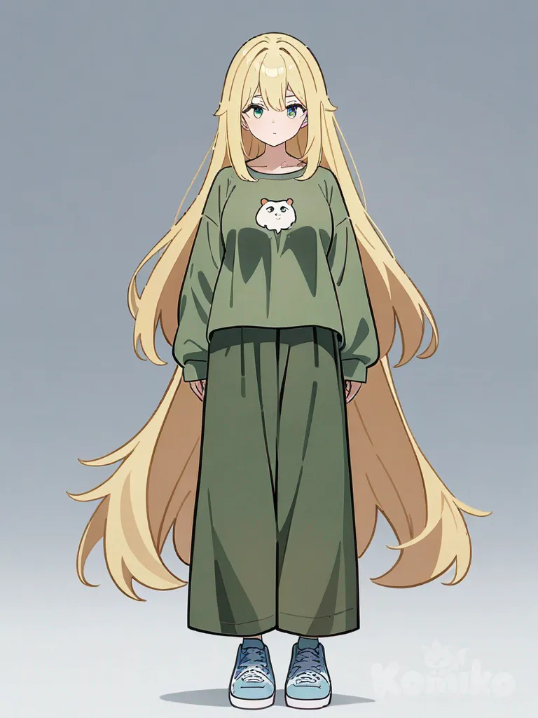 1girl, blonde hair, very long hair, green eyes, slim, teenager, baggy green shirt, very short, light blue shoes, very light green flowers, big breasts, single character, full body, looking at viewer, anime style, simple background, white background