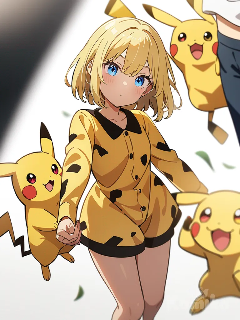 1girl, 1boy, pikachu, female, male, long hair, short hair, blonde hair, blue eyes, teenager, slim, pikachu pajamas, single character, full body, looking at viewer, anime style, simple background, white background