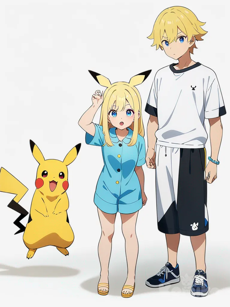 1girl, 1boy, pikachu, female, male, long hair, short hair, blonde hair, blue eyes, teenager, slim, pikachu pajamas, single character, full body, looking at viewer, anime style, simple background, white background