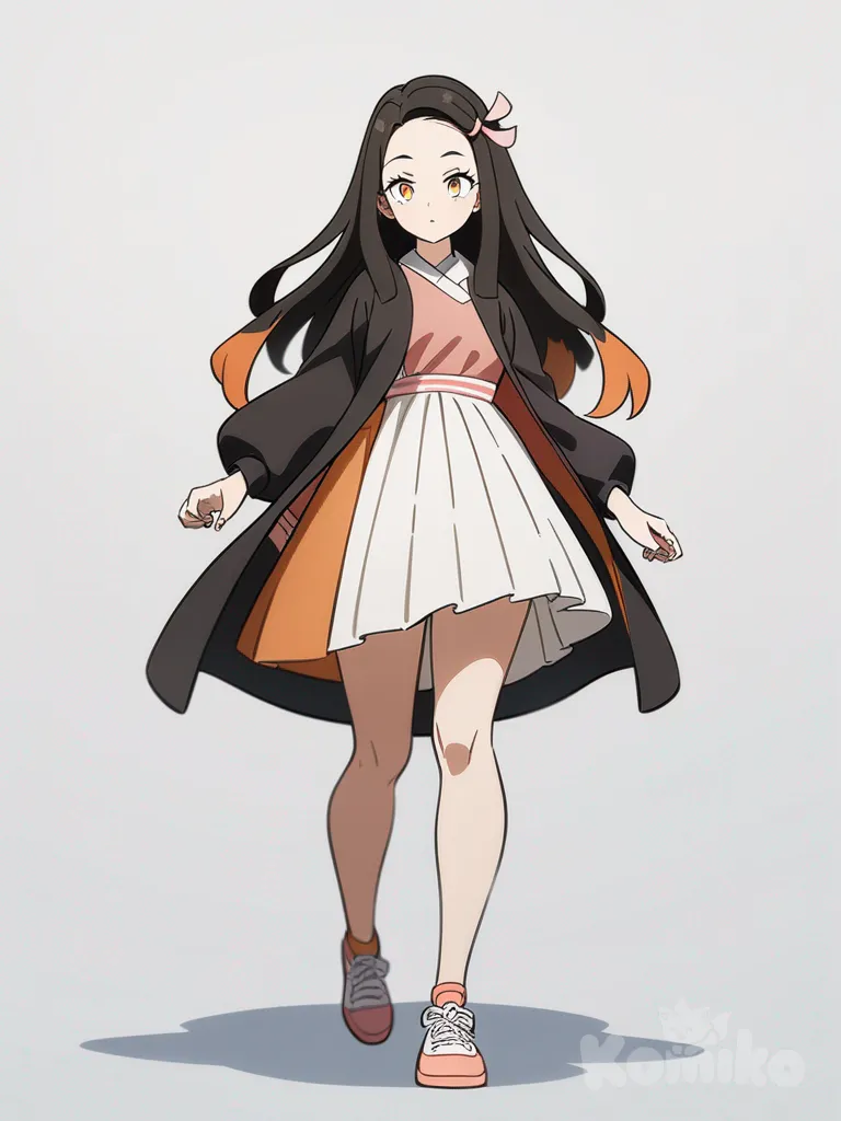 1girl, nezuko, brown hair, orange hair tips, single character, full body, looking at viewer, anime style, simple background, white background