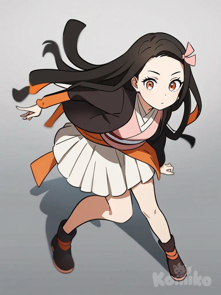 1girl, nezuko, brown hair, orange hair tips, single character, full body, looking at viewer, anime style, simple background, white background