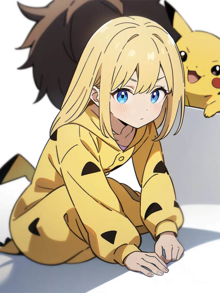 1girl, 1boy, pikachu, female, male, long hair, short hair, blonde hair, blue eyes, teenager, slim, pikachu pajamas, single character, full body, looking at viewer, anime style, simple background, white background