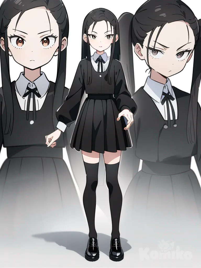 1girl, 1boy, Wednesday Addams, teenager, tall, black hair, brown eyes, single character, full body, looking at viewer, anime style, simple background, white background
