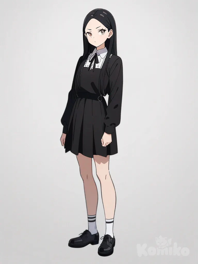 1girl, 1boy, Wednesday Addams, teenager, tall, black hair, brown eyes, single character, full body, looking at viewer, anime style, simple background, white background