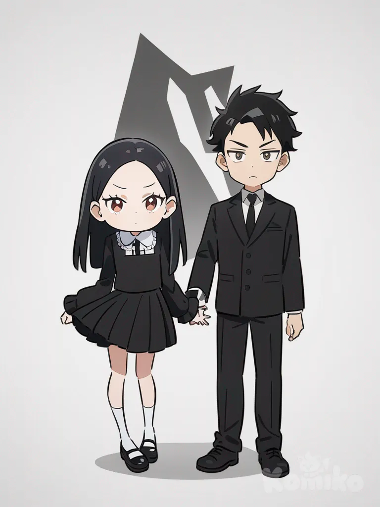 1girl, 1boy, Wednesday Addams, teenager, tall, black hair, brown eyes, single character, full body, looking at viewer, anime style, simple background, white background