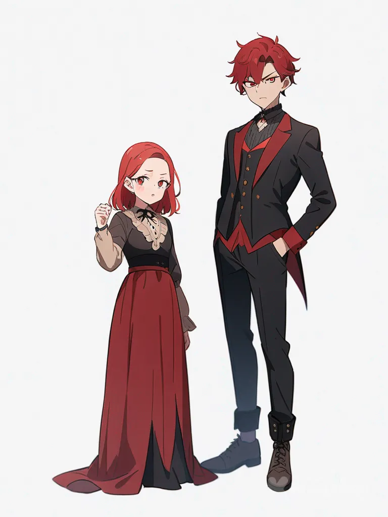 1boy, 1girl, vampire, teenager, tall, red hair, red eyes, single character, full body, looking at viewer, anime style, simple background, white background