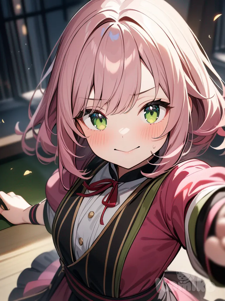 1 girl 1 boy,green and pink hair,mitsuri outfit,green eyes