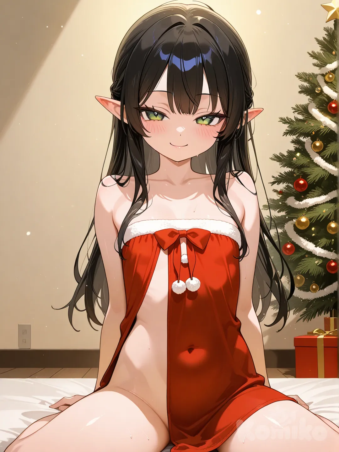 1girl, christmas, christmas tree, petite, small breasts, asian, elf, green eyes, black hair, no panties, no bra, seductive smile, light blush