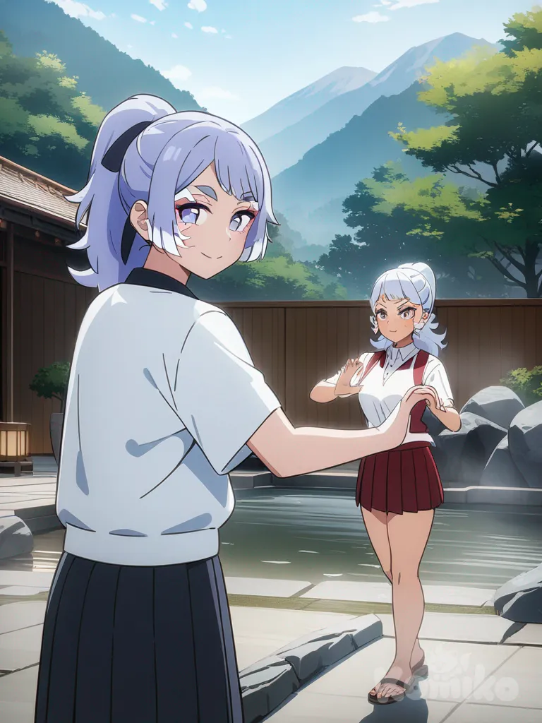 Kochou Shinobu, Nina Kosaka, anime coloring, heart hands, vest, pleated skirt, high ponytail, full body, day, onsen
