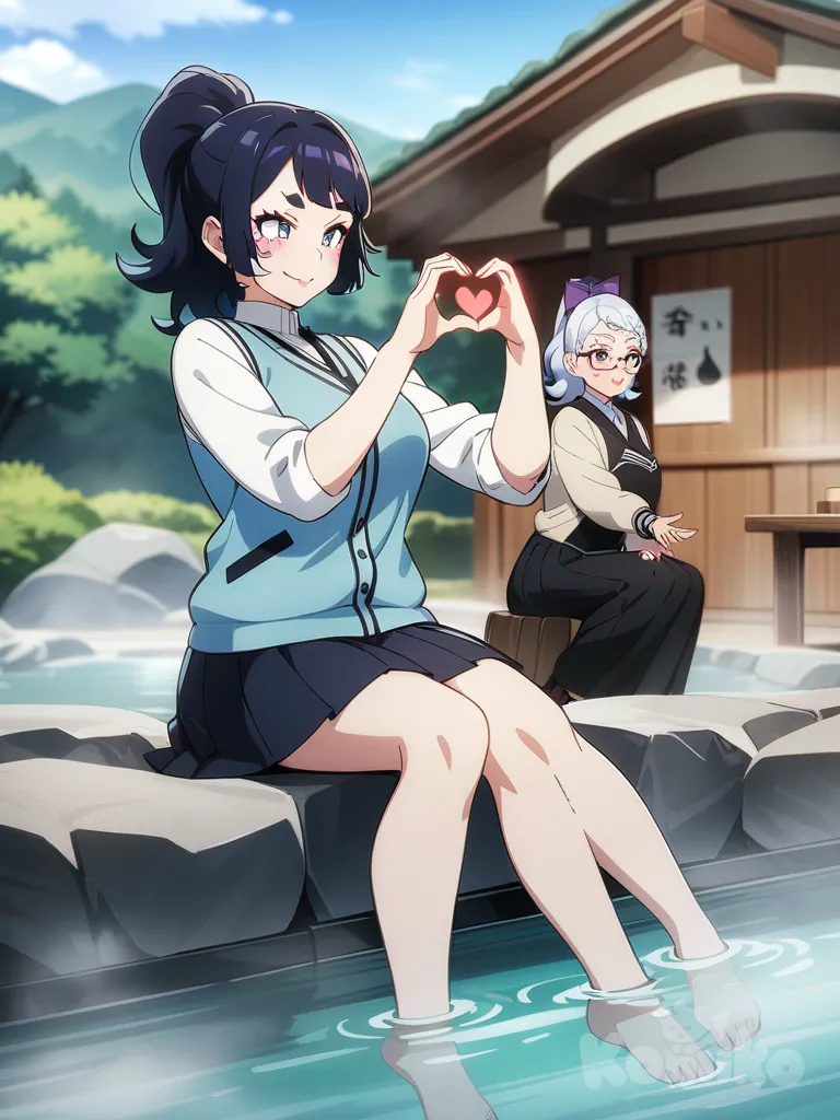 Kochou Shinobu, Nina Kosaka, anime coloring, heart hands, vest, pleated skirt, high ponytail, full body, day, onsen