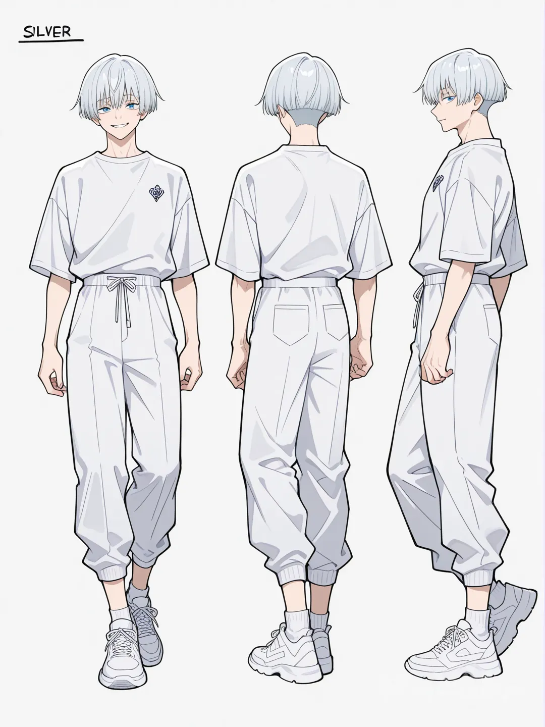 1boy, jujutsu kaisen style, teenager, slim, silver hair, mushroom cut, blue eyes, single character, full body, looking at viewer, simple background, white background create a character sheet any angles full body any reaction