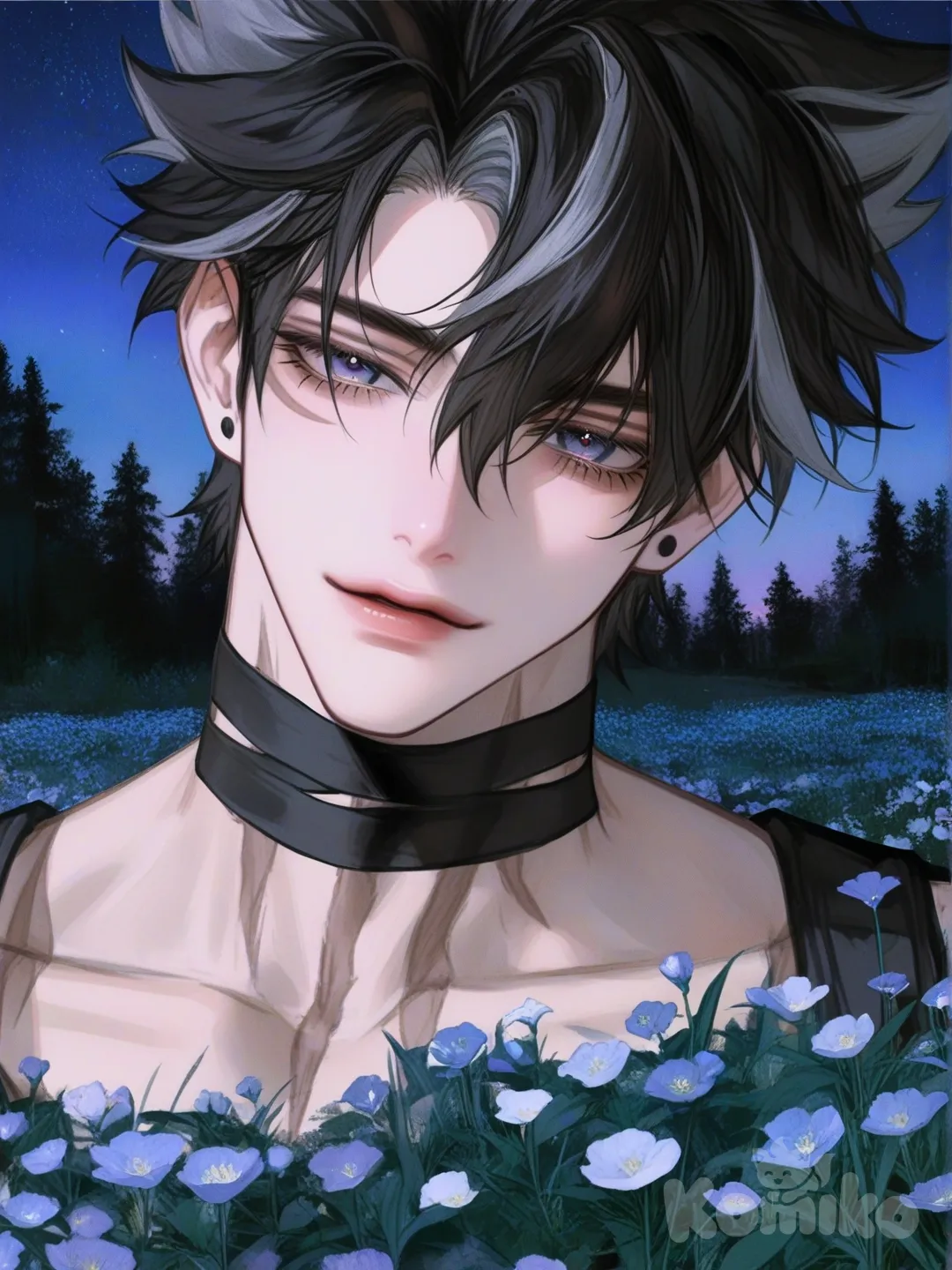 1boy, @Wriothesley_(Genshin_Impact), [semi-realistic-portrait-style], smirk, expressionless, looking at viewer, full body, blue sky, forest, flower field, ambient light, night