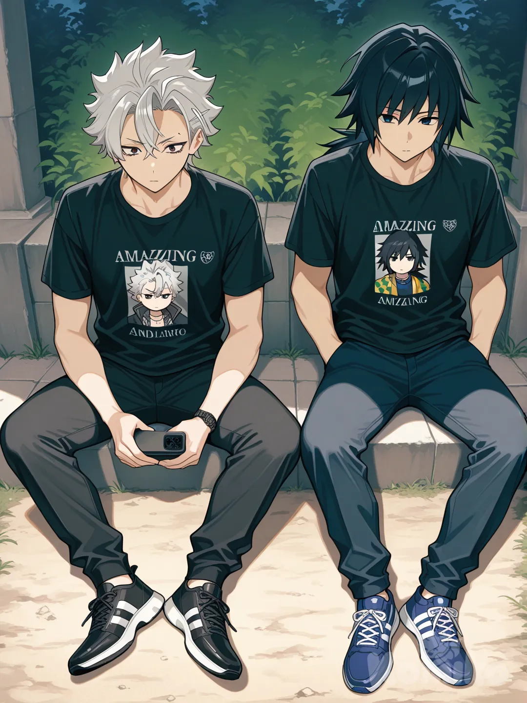 @Tomioka_Giyuu, @Shinazugawa_Sanemi, [semi-realistic--style], looking at phone, hands in pockets, sitting on the ground, t-shirt, looking at viewer, full body