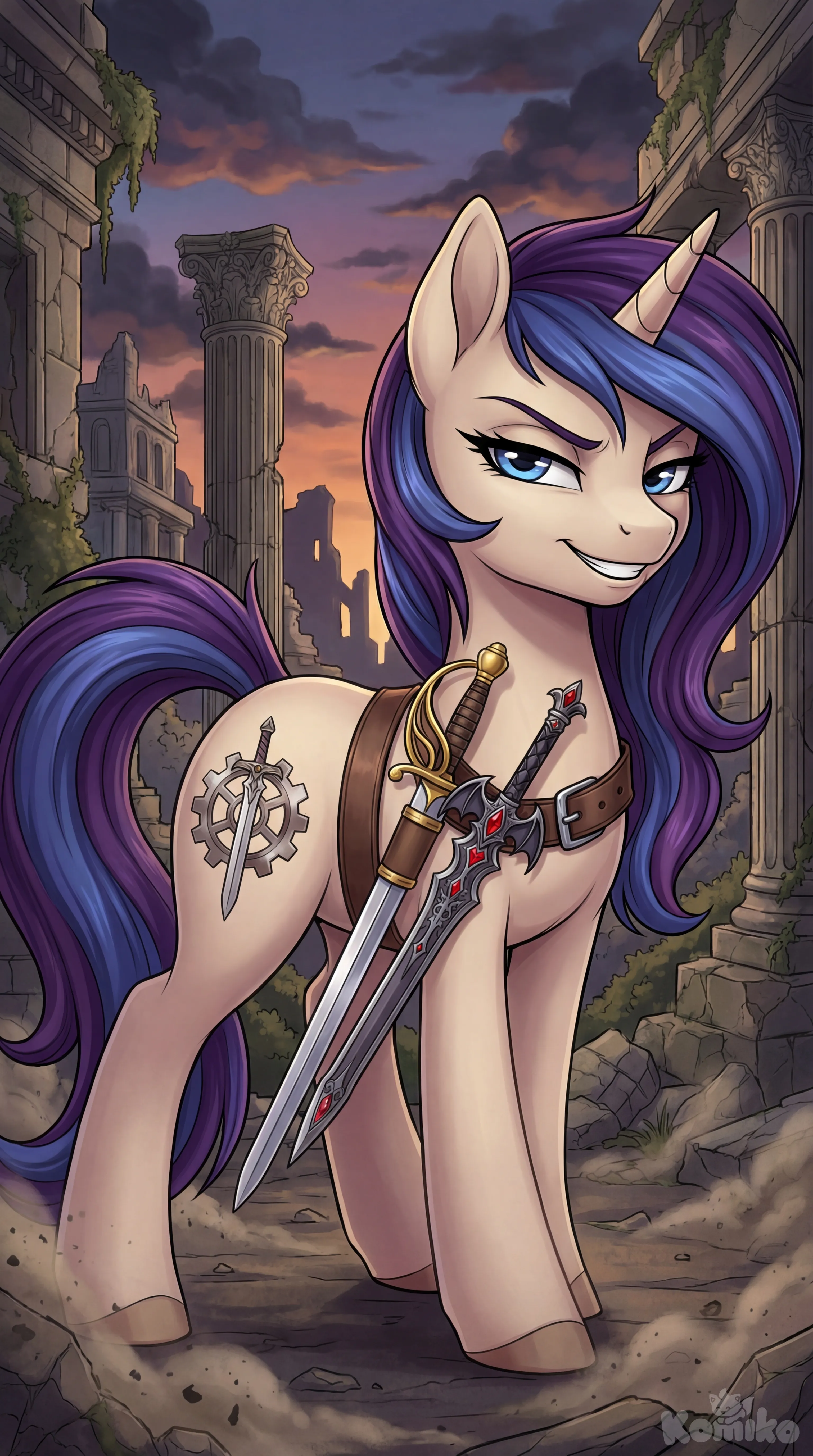 Draw it in detail and in excellent quality, against the backdrop of city ruins, with a cutie mark in the form of a gear and a sword in the middle, and two swords in sheaths on the belt, one officer's and one like those worn by vampires. A cunning and confident face., anime style