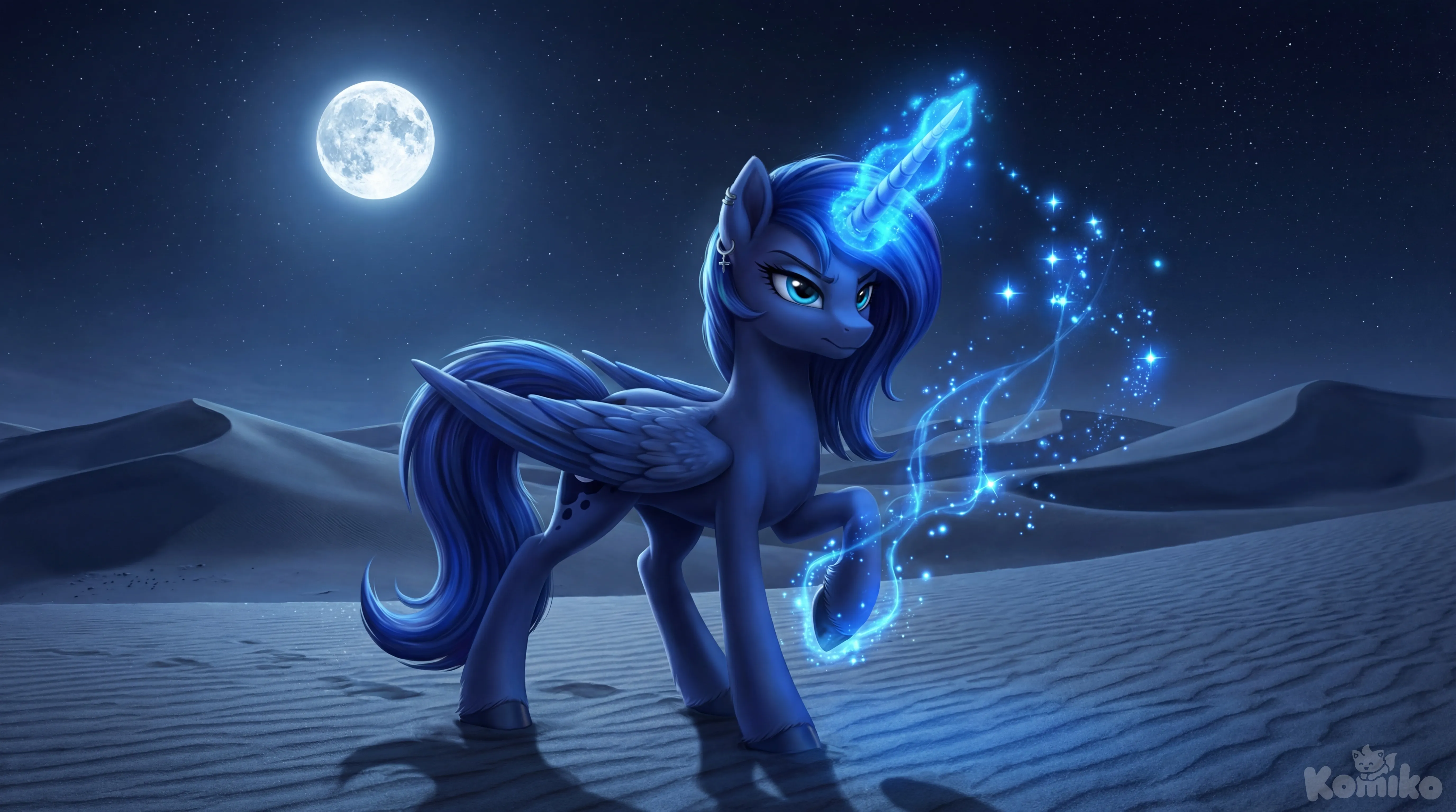 Draw a high-quality alicorn from the picture in good, non-pixelated quality.  It stands against the backdrop of a desert at night, with a bright moon in the sky. The facial expression is serious and confident, in a fighting stance, the long horn glows with a blue aura and sparkles
