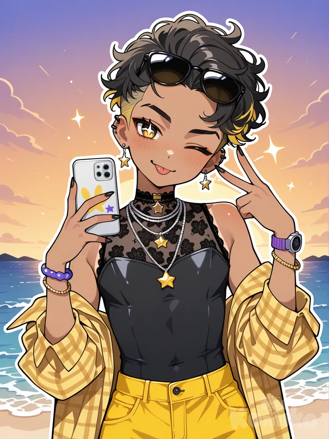 1boy named Rex, peace sign with right hand, selfie with phone, cute head tilt to the right, smirk and tongue sticking out, left eye closed cutely, black hair with yellow, fluffy curls, fluffy man bun with the sides shaved, yellow eyes with sparkles, olive skin with slight a sunburnt on shoulders, dimple, sharp black nails, black sleeveless bodysuit with yellow accents, yellow beach shorts with black accents, off-shoulder yellow flannel, yellow patterns on bodysuit, digital watch with little stars, a purple and blue friendship bracelet, black headphones with stars on it, black micro sunglasses on head, sliver jewelry with stars,black lace choker with yellow diamond star, sliver necklace with stars, sliver earrings with stars, beautiful beach during sunset, upper body, ocean view in background., flat color, lineart, thick outline