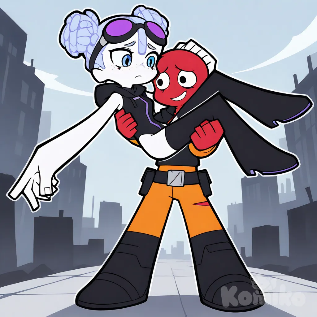 boy 1, olive skin, freckles, lavender dreadlocks, pale blue eyes, round sunglasses, black latex bodysuit, cropped hoodie, thigh boots, purple gemstones. boy 2, pale skin, dimples, red man bun, Hazel eyes, goggles on head, orange jumpsuit, sleeveless turtleneck leotard, thick boots, gadgets on utility belt. Boy 1 is flying above a collapsed with boy 2 in his arms, boy 2 is covered in cuts and bruises and has a wide smile on his face while boy 1 looks worried., lineart, thick outline, limited palette, [minimalist-style], full body, cinematic lighting, blue sky, cityscape